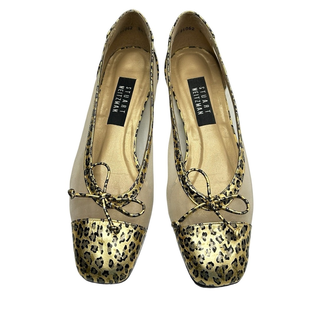 Stuart Weitzman Beige Flats with Gold Leopard Cap-Toe and Bow
